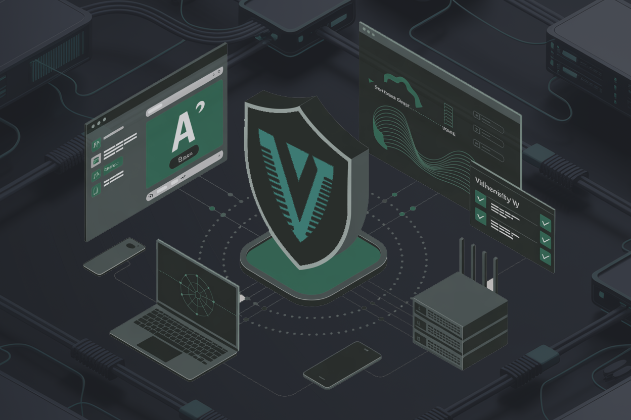 Vigilium security monitoring dashboard with V shield, A grade, and connected devices